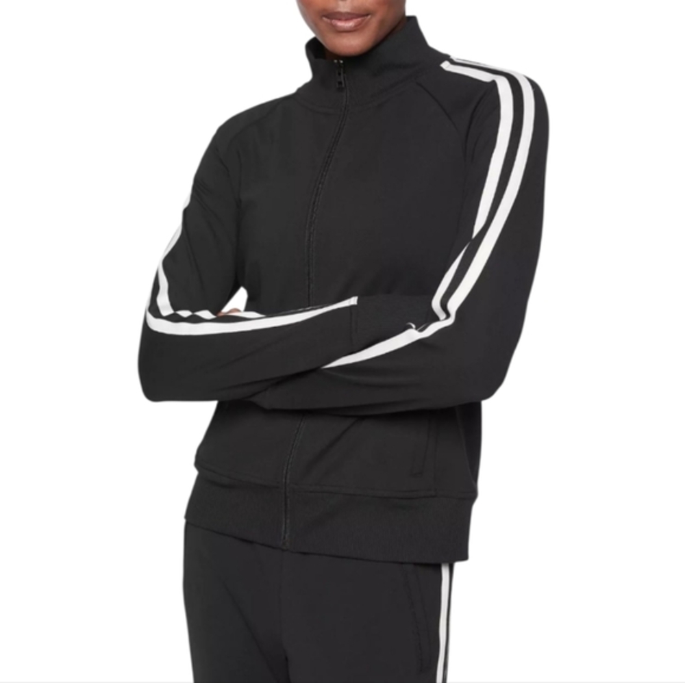 Athleta Black Circa‎ Bomber Track Jacket with White Accents Thumbholes Size XS